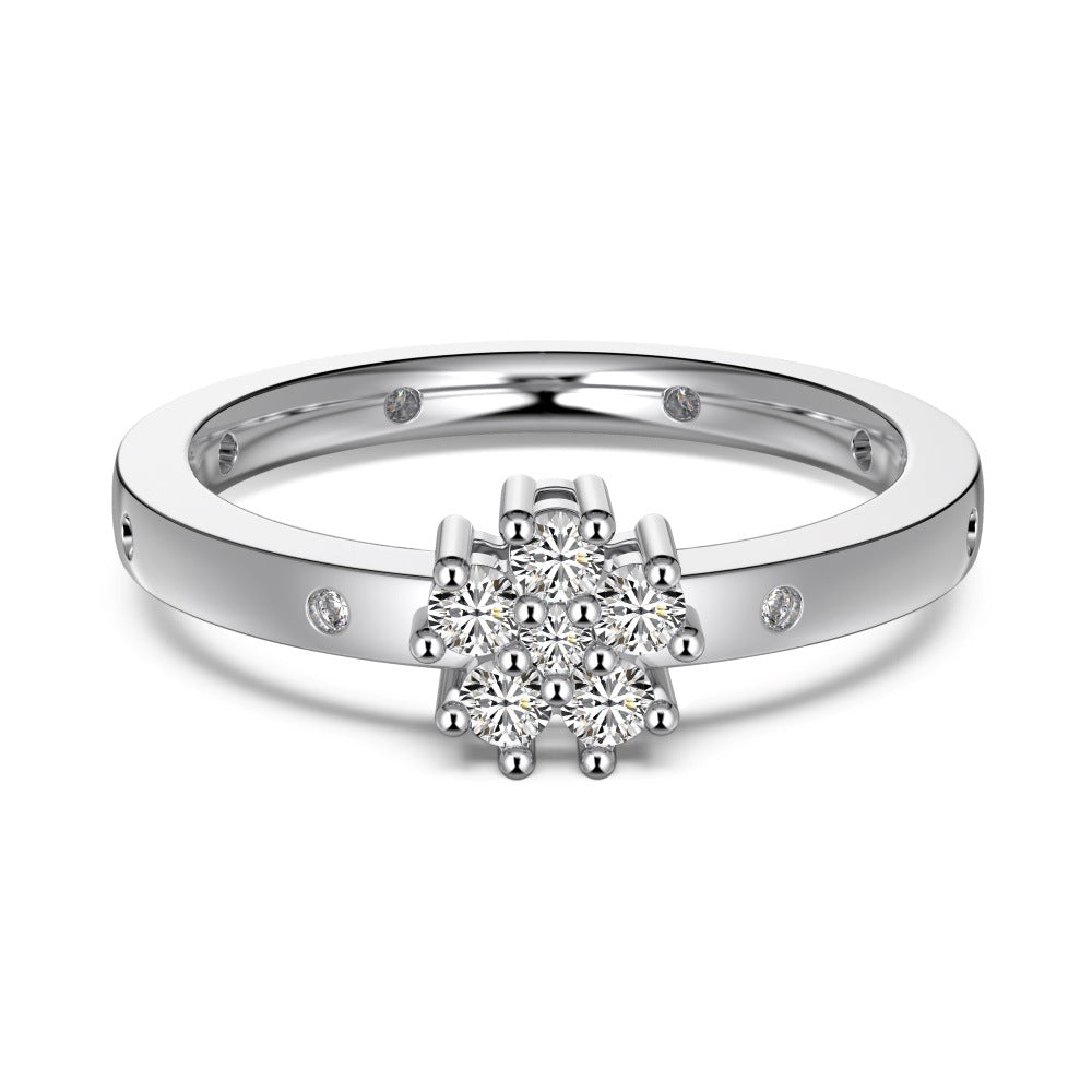 Silver S925 White Round Zirconium Inlaid Flower Design Exquisite Fashion Simple Niche Ring