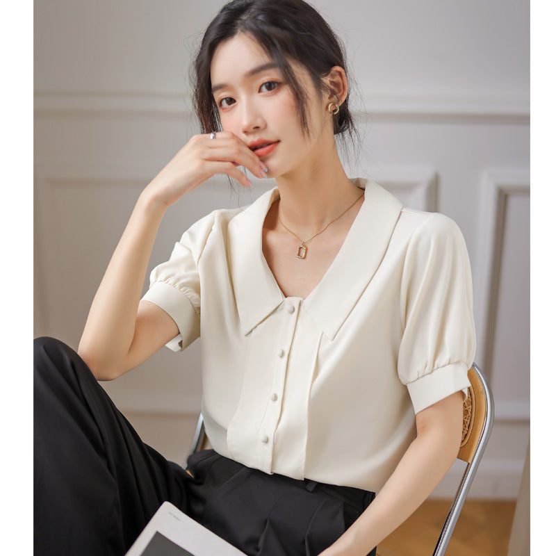 French Style White Short-sleeved Chiffon Shirt With Doll Collar Retro Lantern Sleeve