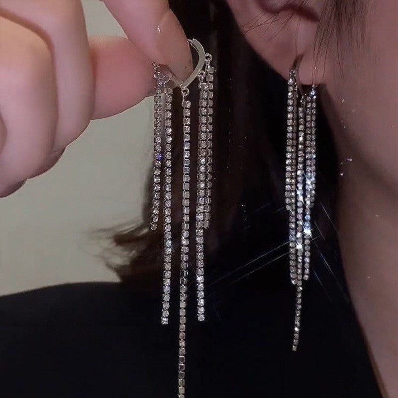 Diamond-embedded Long Fringe Earrings Cold Women
