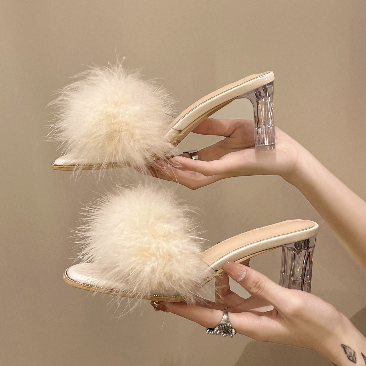 One-word Crystal Thick Heel With Skirt French High Heels