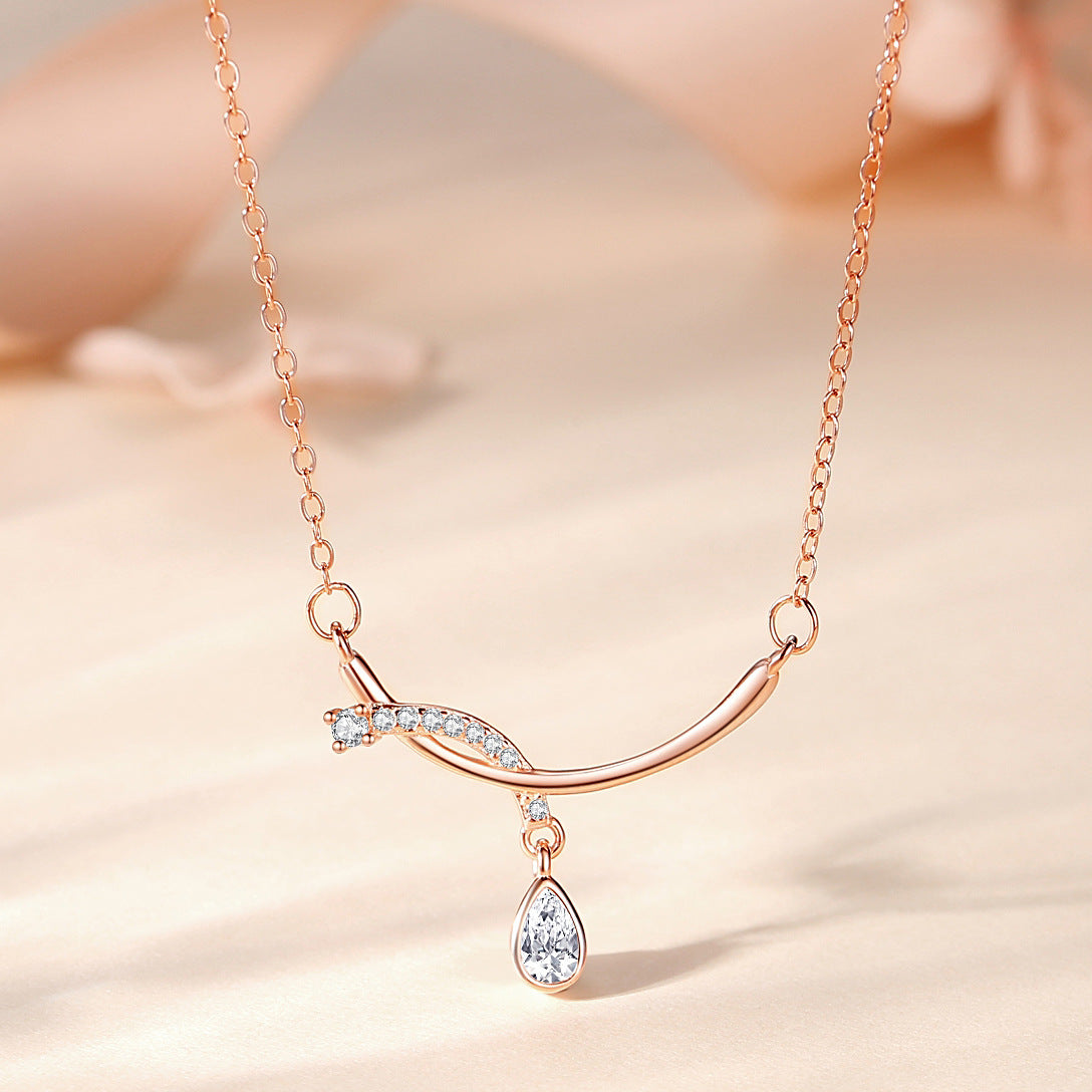 S925 Silver Drop Necklace Women's Korean-style Curved Tassel Fresh Clavicle Chain Neck Chain Internet Celebrity Rhinestone-encrusted Jewelry