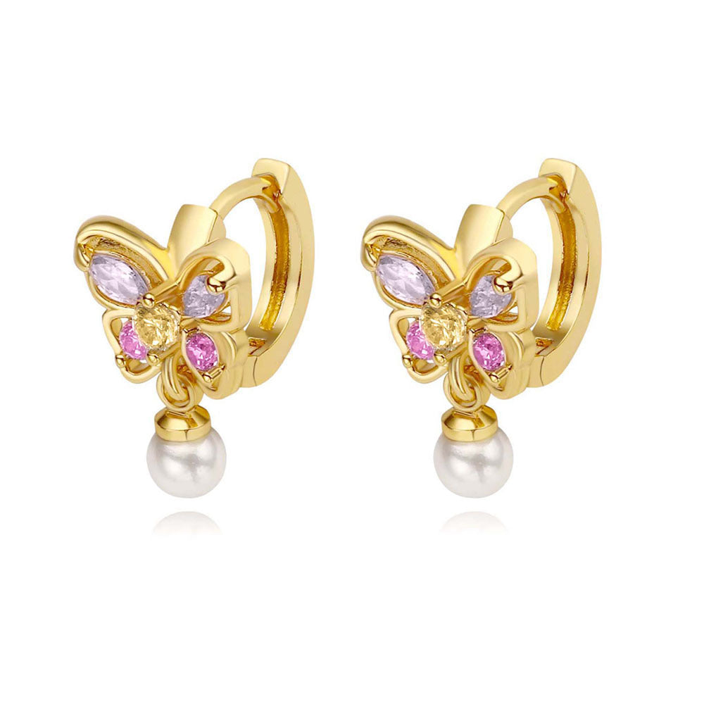 Butterfly Color Zircon Pearl Earrings Sweet Light Luxury