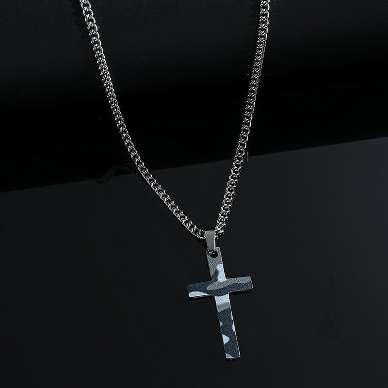 Stainless Steel Camouflage Laser Cross Pendant Men's Necklace