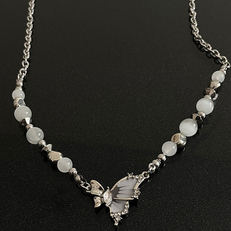 Gray Butterfly Stitching Opal Necklace