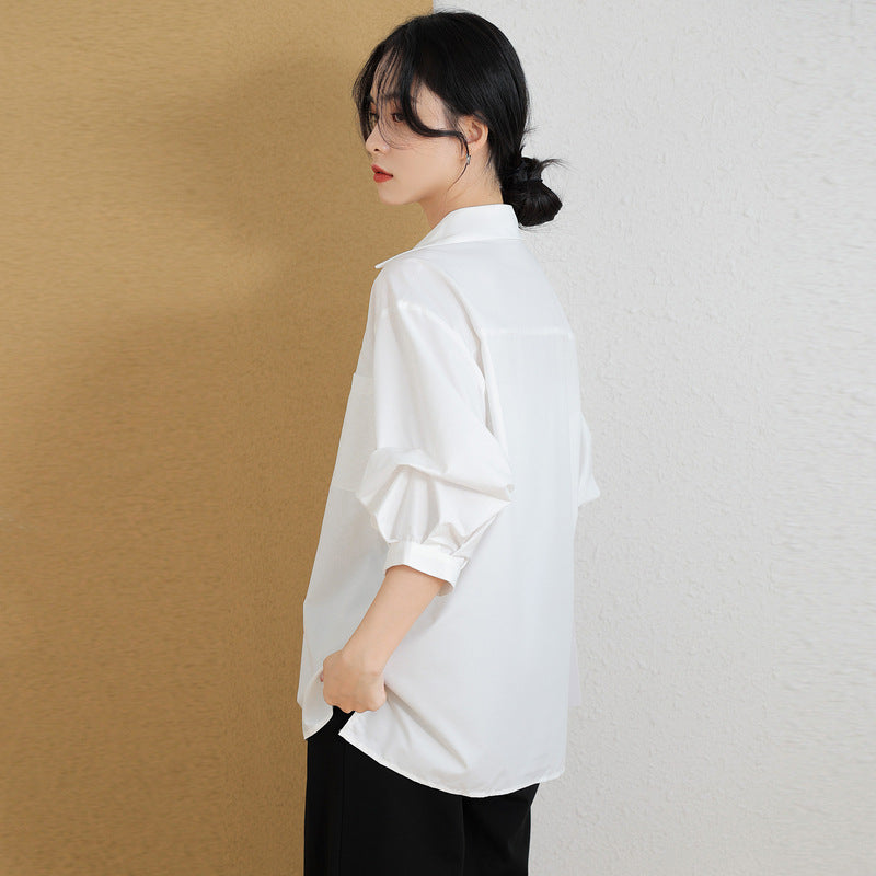French Style Three-quarter Sleeve Loose Thin Lapel Shirt