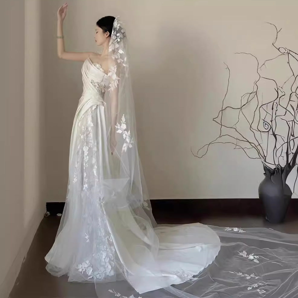 Satin Lace Wedding Veil Tube Top Fishtail Wedding Dress