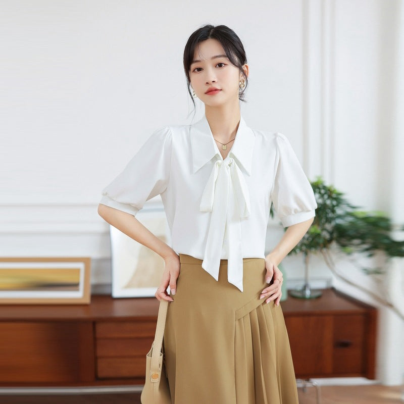 Smoke Blue Short-sleeved Chiffon Shirt Korean Style Ribbon Top Design Sense