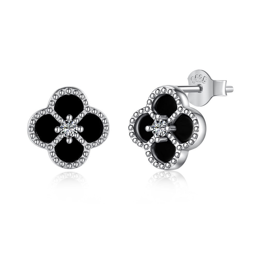 Sterling Silver Four Leaf Clover Ear Stud Female Niche Zircon