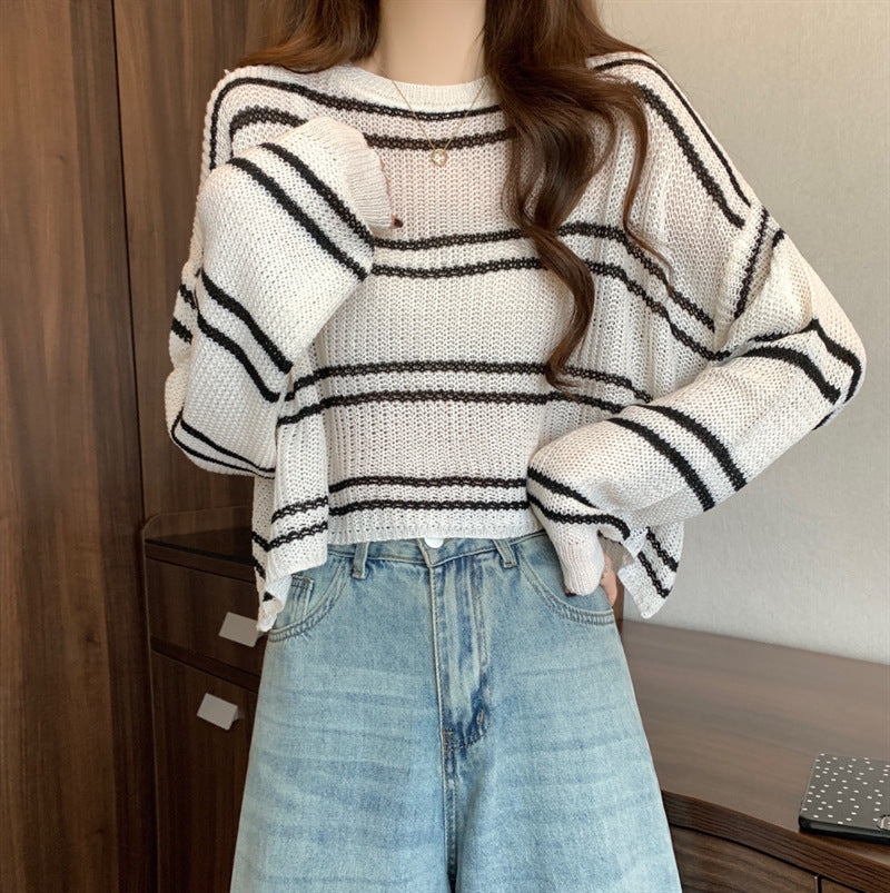 Striped Thin Sweater Loose Hollow-out Short Top