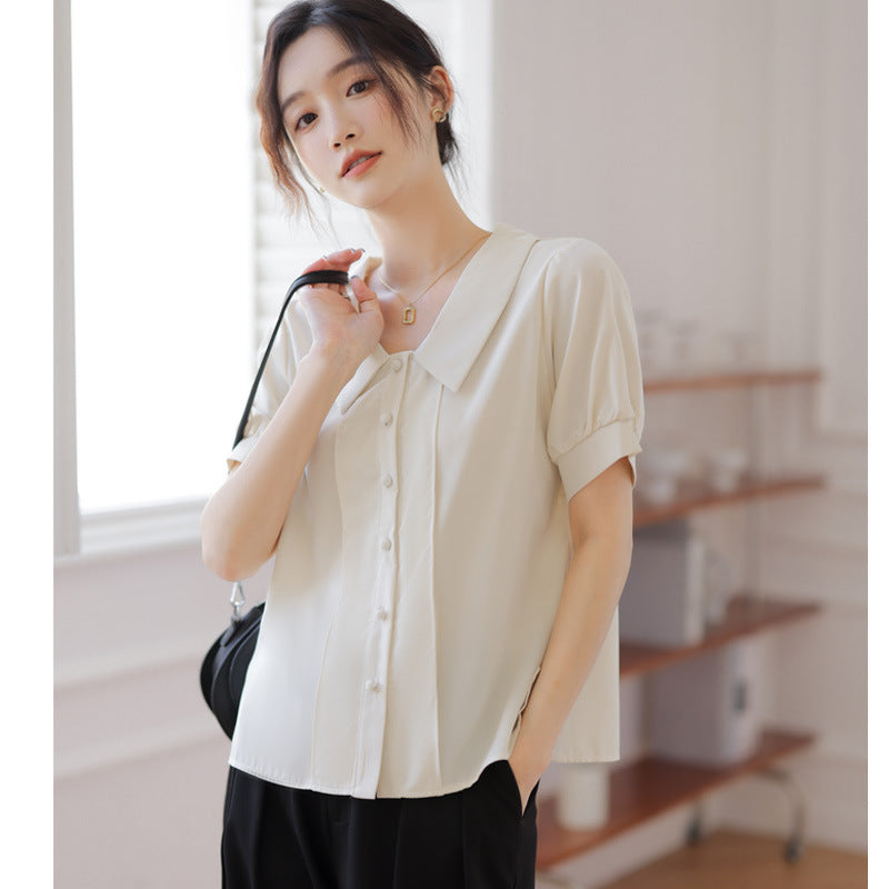 French Style White Short-sleeved Chiffon Shirt With Doll Collar Retro Lantern Sleeve
