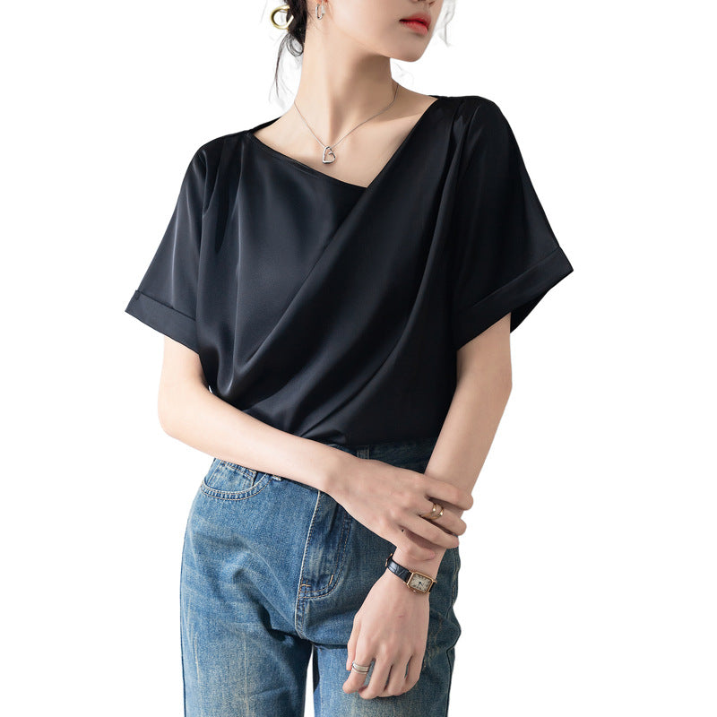 French Sexy V-neck Short-sleeved Shirt Women's Design Niche Temperament Drape Chiffon Shirt