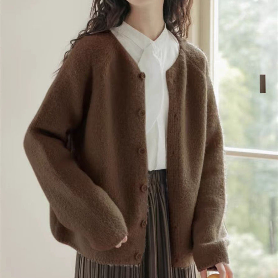 Candy Color Round Neck Soft Glutinous Top Korean Casual Loose Raglan Sleeve Knitted Cardigan