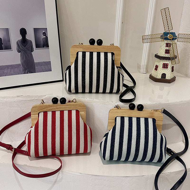 New Striped Canvas Wooden Clip-mouth Clutch