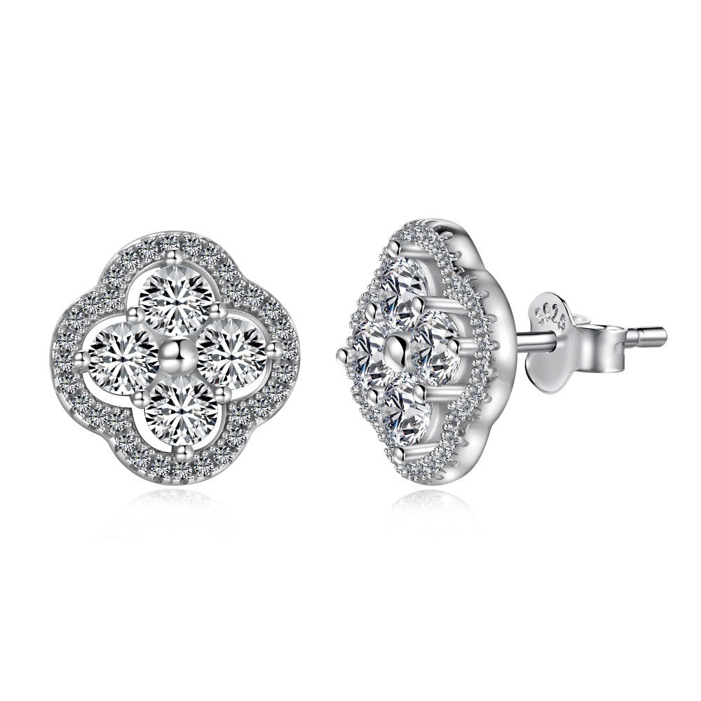 Sterling Silver Four Leaf Clover Ear Stud Female Niche Zircon