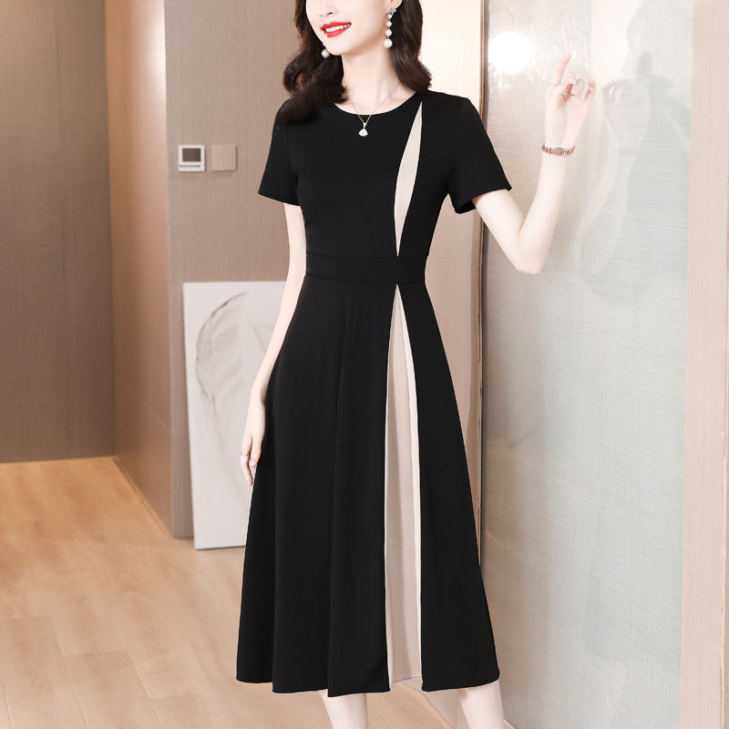 Summer Long Short Sleeve Contrast Color Hepburn Style Little Black Dress