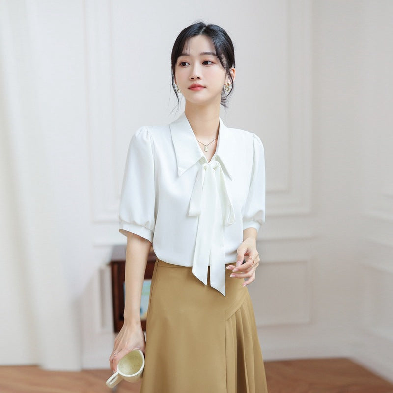 Smoke Blue Short-sleeved Chiffon Shirt Korean Style Ribbon Top Design Sense