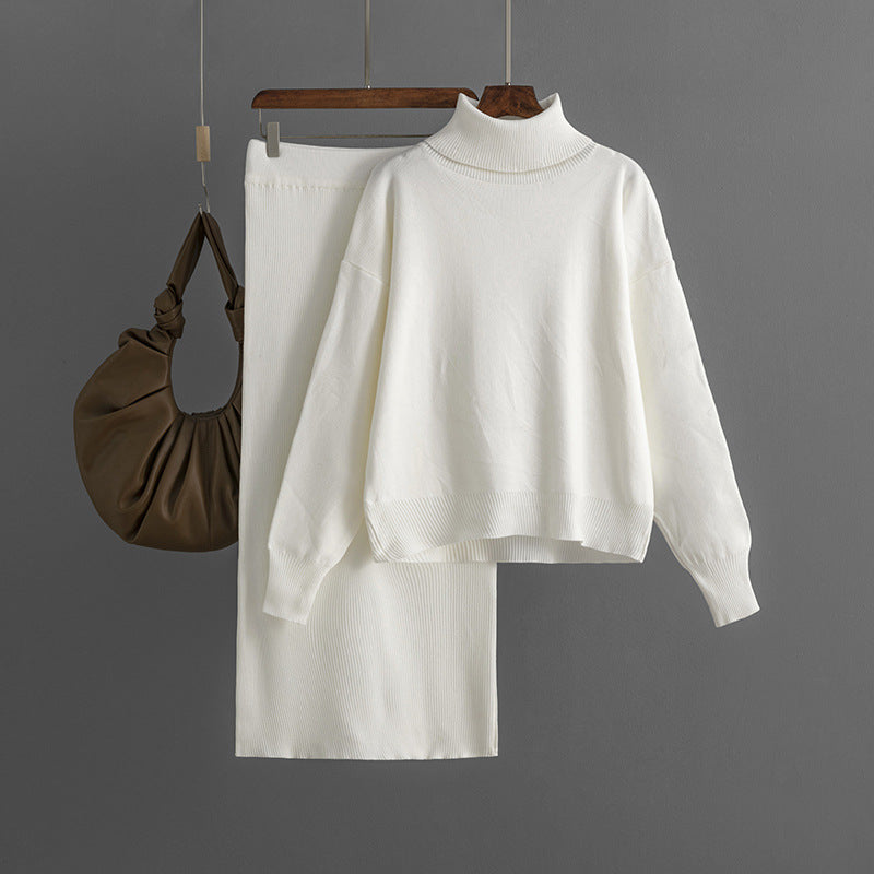 Women's Solid Color Turtleneck Sweater Sheath Skirt Two-piece Set