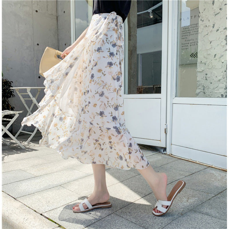 Vacation Style Floral Skirt Chiffon Dress Skirt One-piece Ruffled