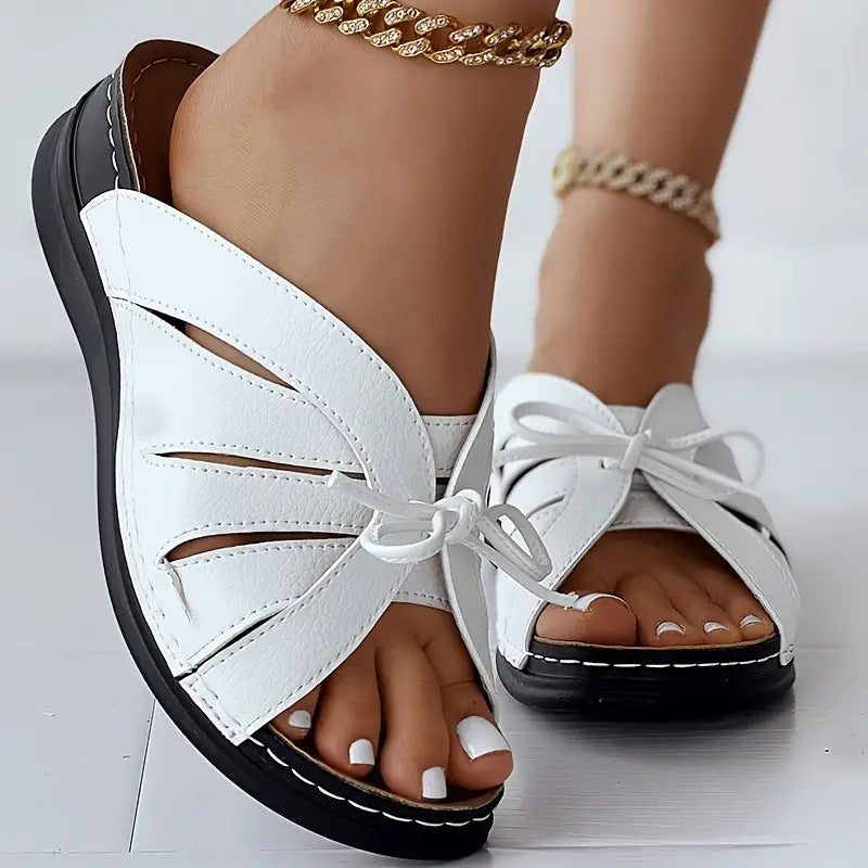 Plus Size Hollow-out Bow Flat Wedge Slippers