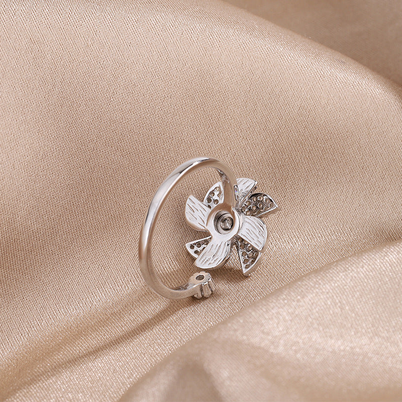 Korean Style East Street Diamond Little Windmill Ring S925 Sterling Silver Rotating Windmill Ring Artistic Style Cuff Bracelet