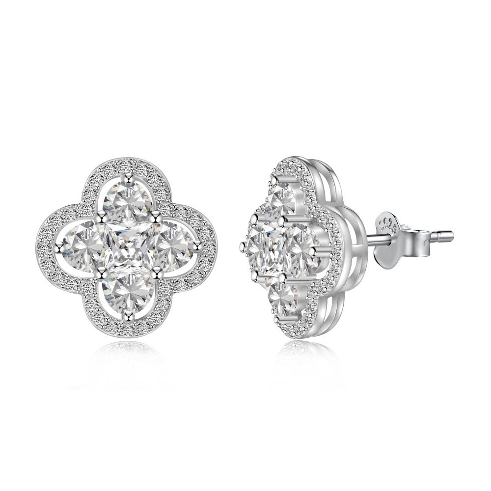 Sterling Silver Four Leaf Clover Ear Stud Female Niche Zircon