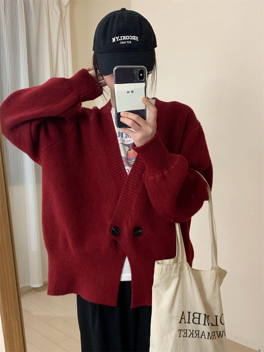 Knitted Cardigan Korean Style Solid Color Loose And Simple Knitwear Idle Style Women's Coat