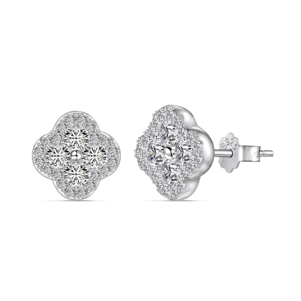 Sterling Silver Four Leaf Clover Ear Stud Female Niche Zircon