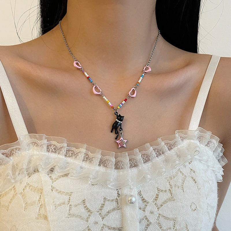 Colorful Beaded Heart-shaped Multi-part Cat Stars Necklace