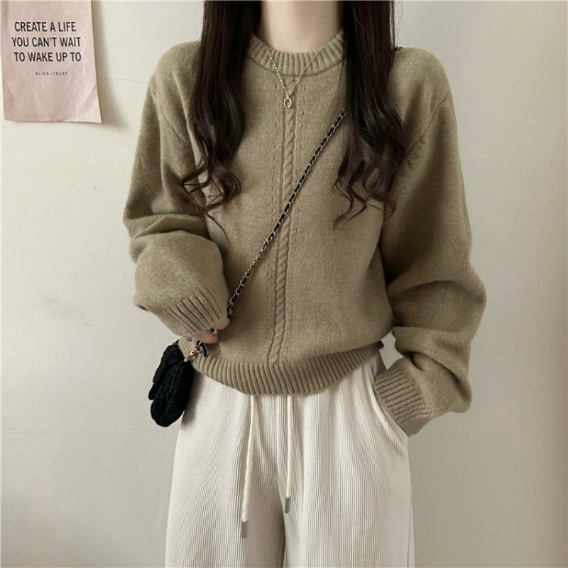 Korean Style Gentle Round Neck Cable-knit Sweater