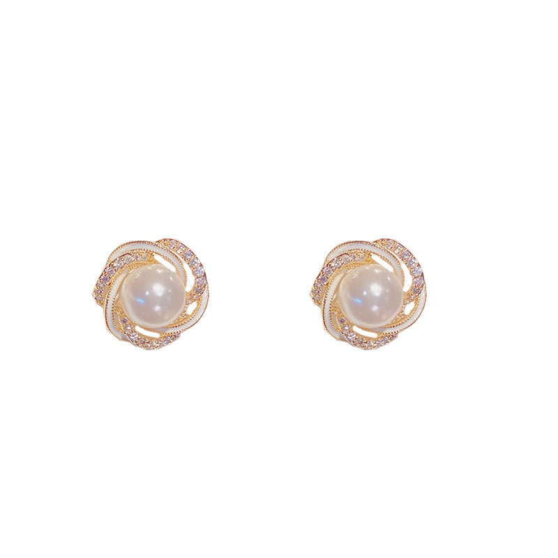 Micro Inlaid Zircon Winding Pearl Stud Earrings Exquisite Fashion Small