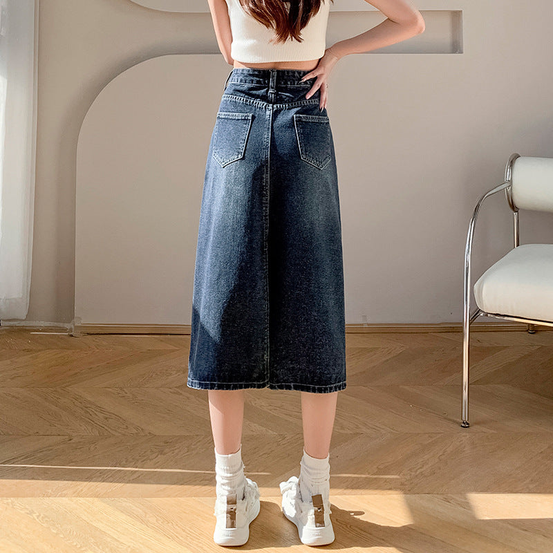 High Waist Denim Back Slit Skirt Slimming Casual A- Line