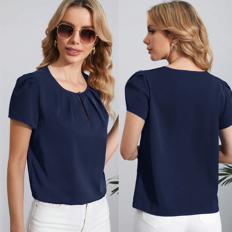 European And American Round Neck One Button Hollow Loose Women's Wear Casual Top