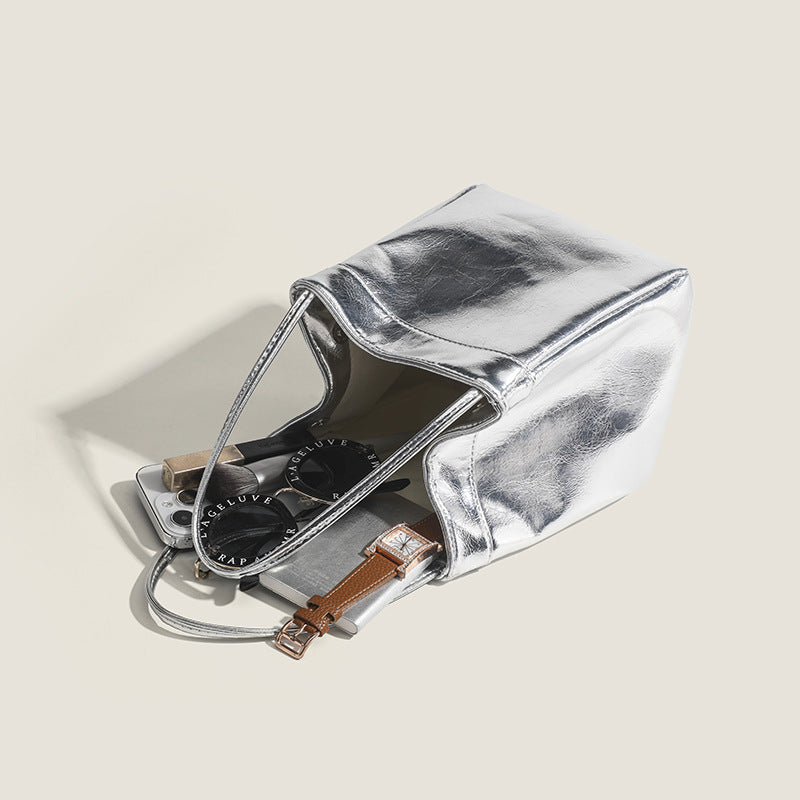 Lunch Box Bag Silver Bright Leather Portable Small Square Bag