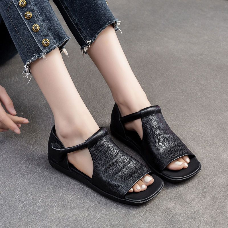 Authentic Leather British Style Handmade Velcro Open Toe Sandals