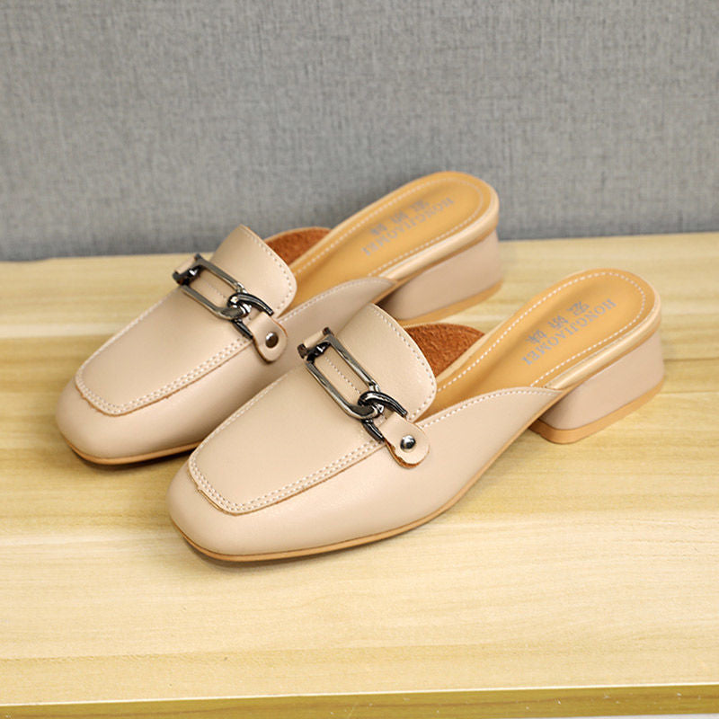 Square Toe Chunky Heel Mules Shoes Comfortable Women's Slippers
