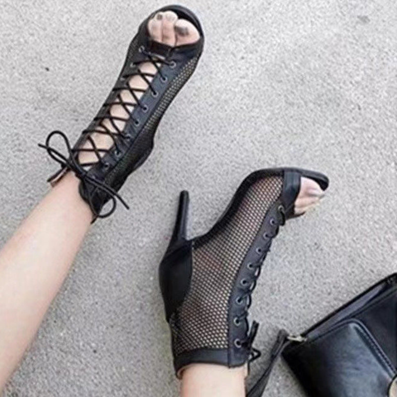 New Mesh Shoes European And American Stylish Peep Toe Stiletto Heel Sandals Women