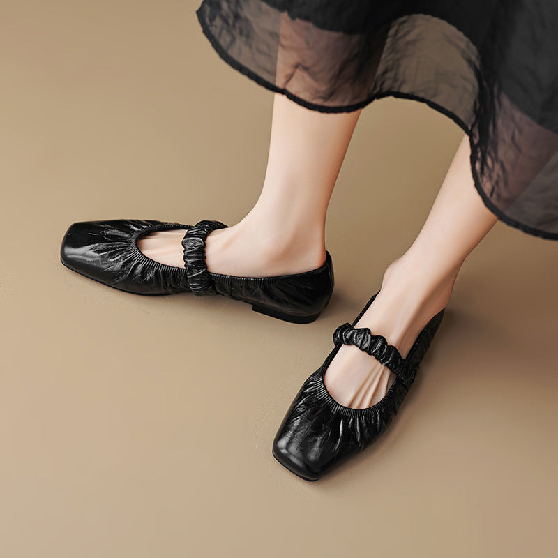 Flat Pleated Sheepskin Square Head Ankle-strap Shoes Women
