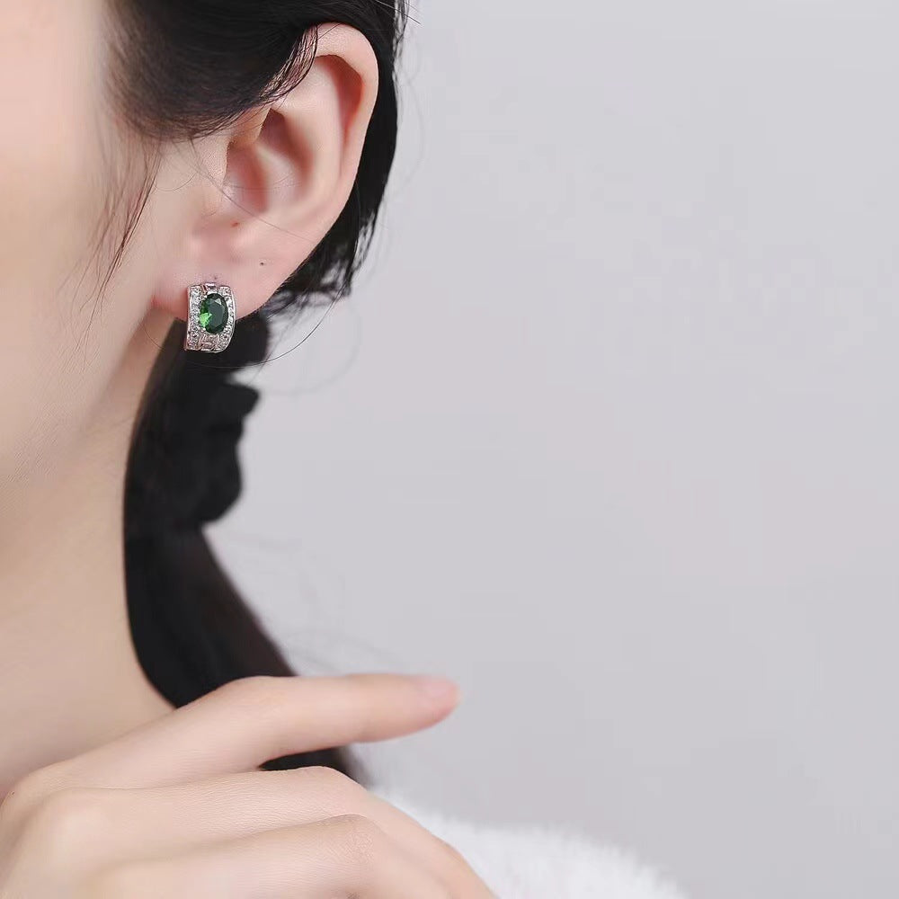 European And American Emerald Zircon Earrings High Sense