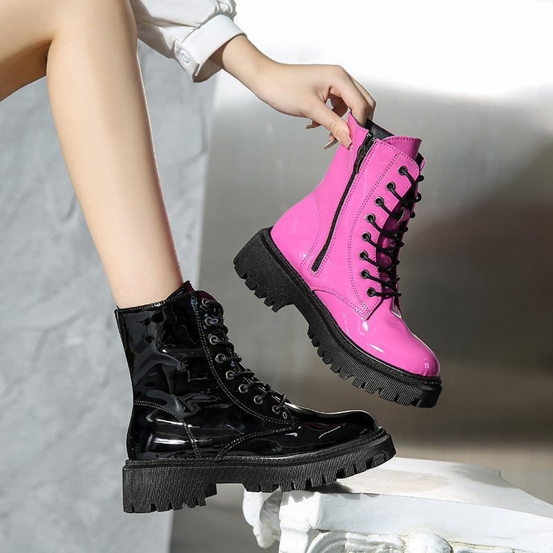 European And American Patent Leather Mid Heel Round Toe Short Motorcycle Boots