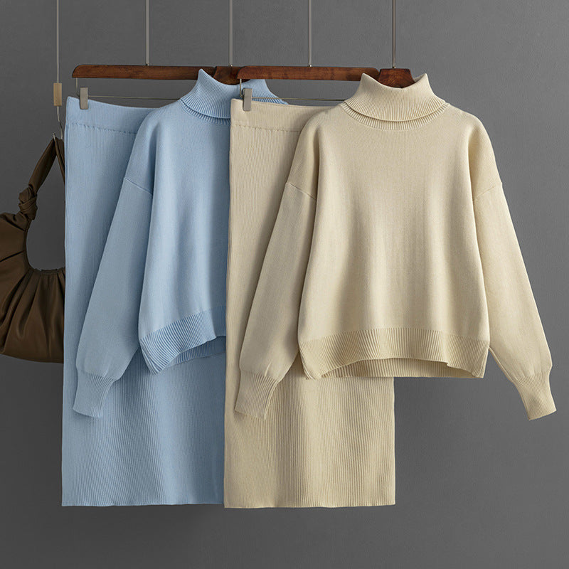 Women's Solid Color Turtleneck Sweater Sheath Skirt Two-piece Set