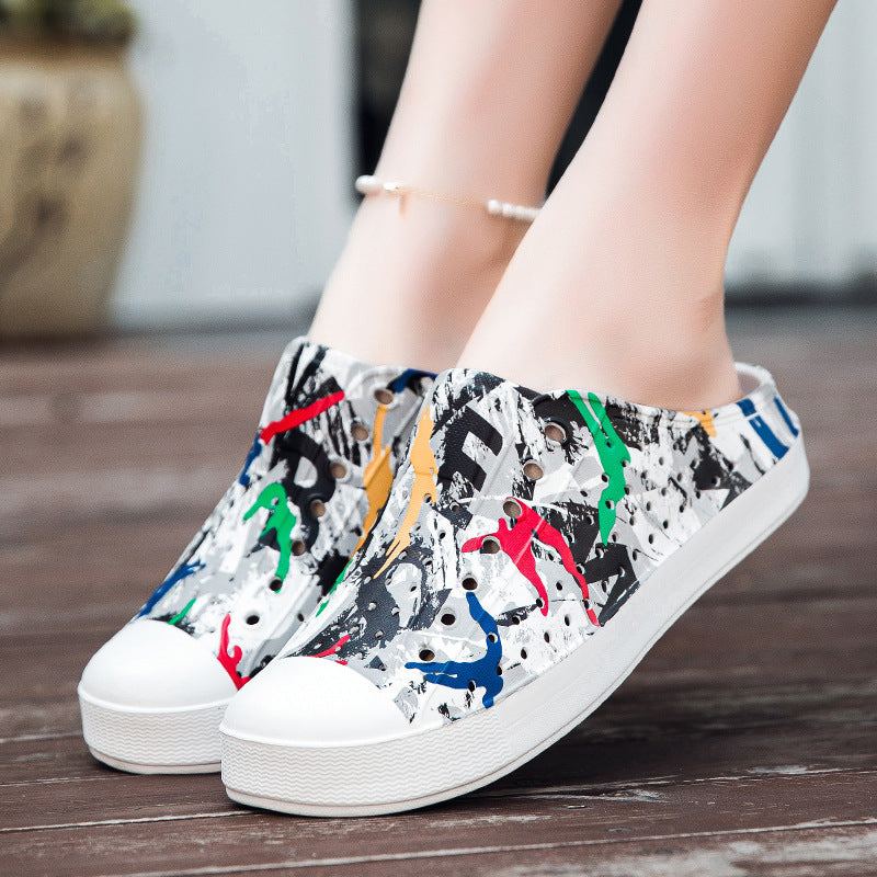 Beach Hole Shoes Color Printing Half Slippers