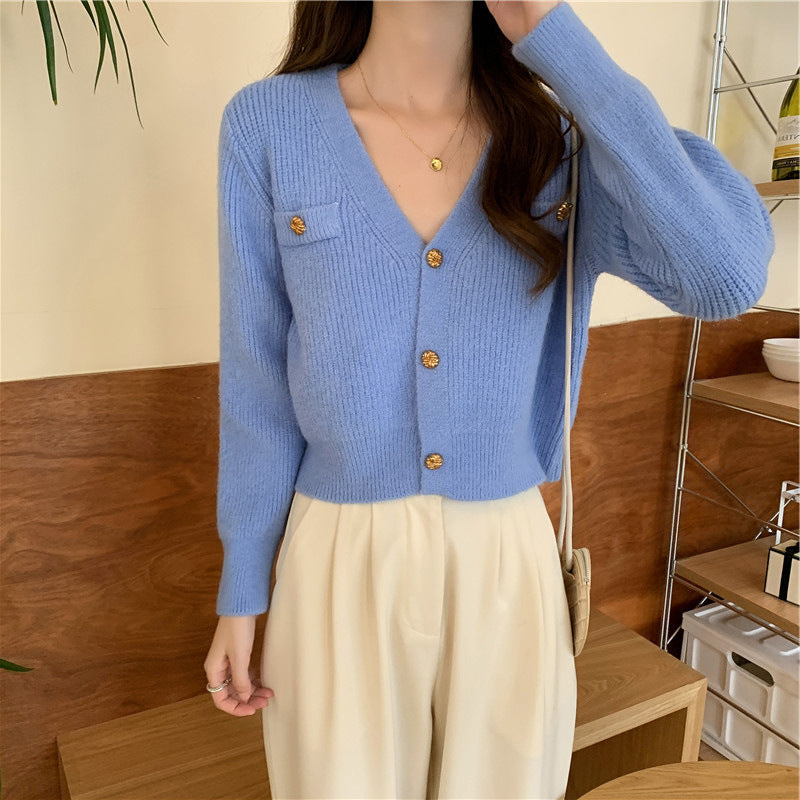 Classic Style Short Knitted V-neck Long-sleeve Cardigan Sweater
