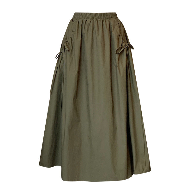 Elastic Waist Pure Color Tied Drawstring Pocket Large Swing Skirt Mid-length French Cotton Suit Skirt