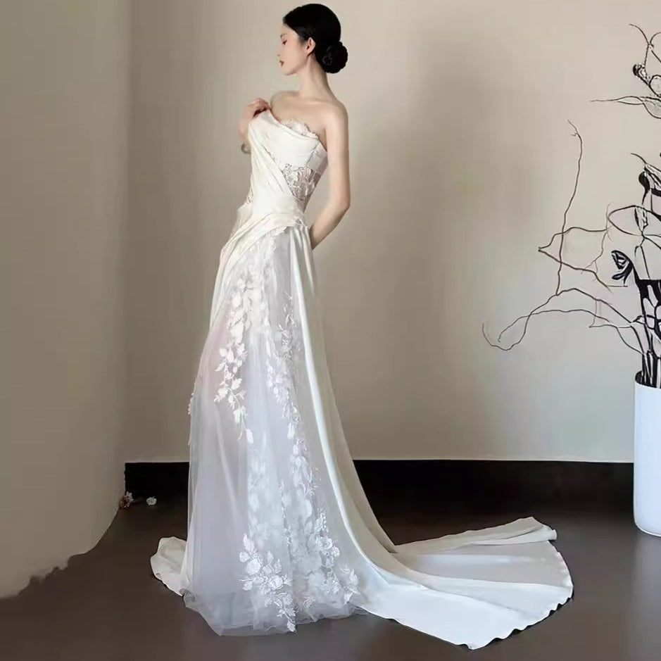 Satin Lace Wedding Veil Tube Top Fishtail Wedding Dress