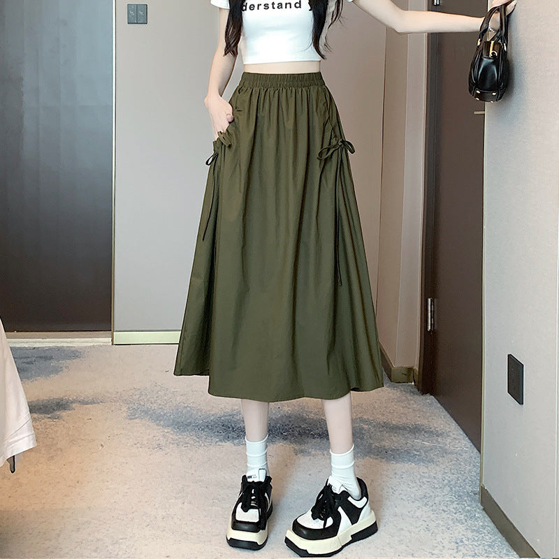 Elastic Waist Pure Color Tied Drawstring Pocket Large Swing Skirt Mid-length French Cotton Suit Skirt