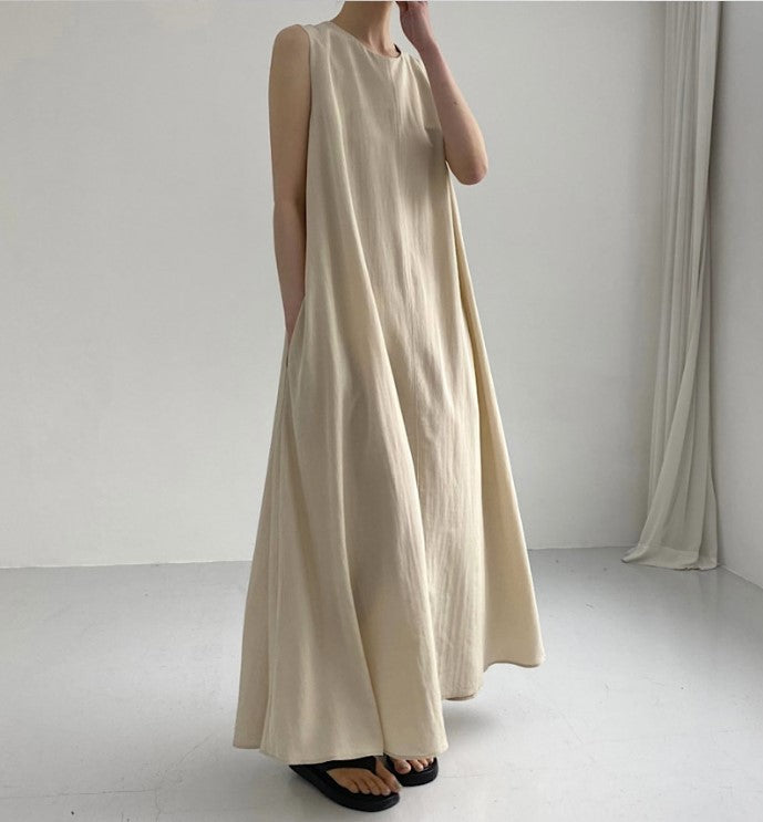 Chic Style Loose Sleeveless Pumpkin Color Long Cotton And Linen Dress