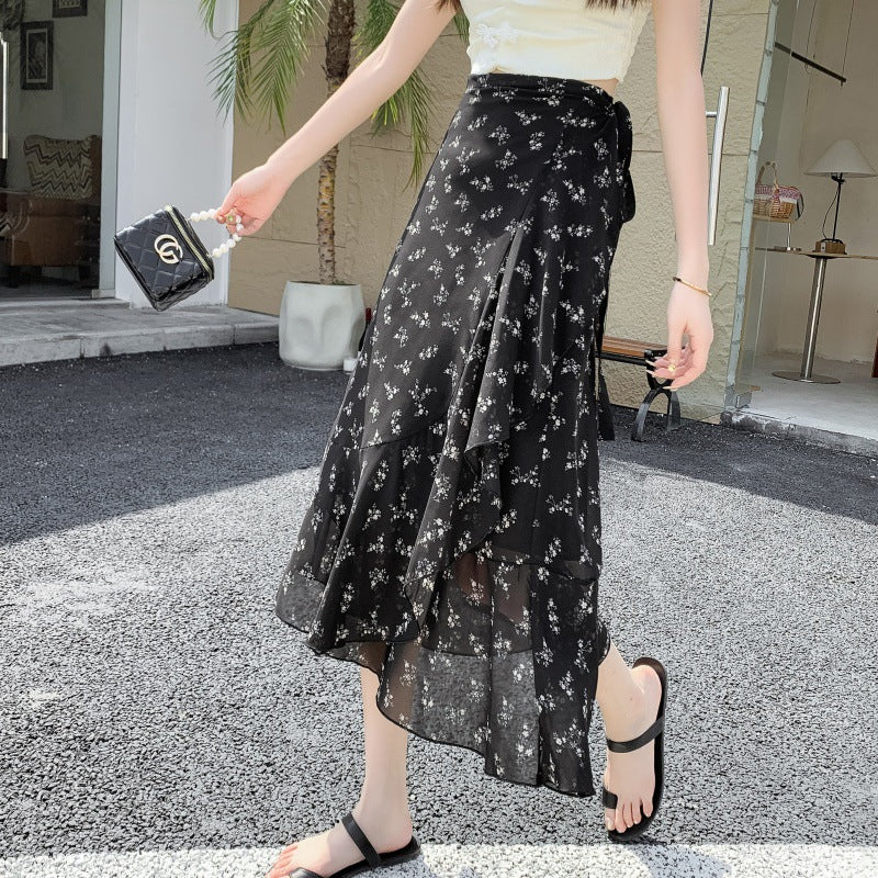 Printed Chiffon Flounced Skirt One Piece Asymmetric Skirt Mid-length
