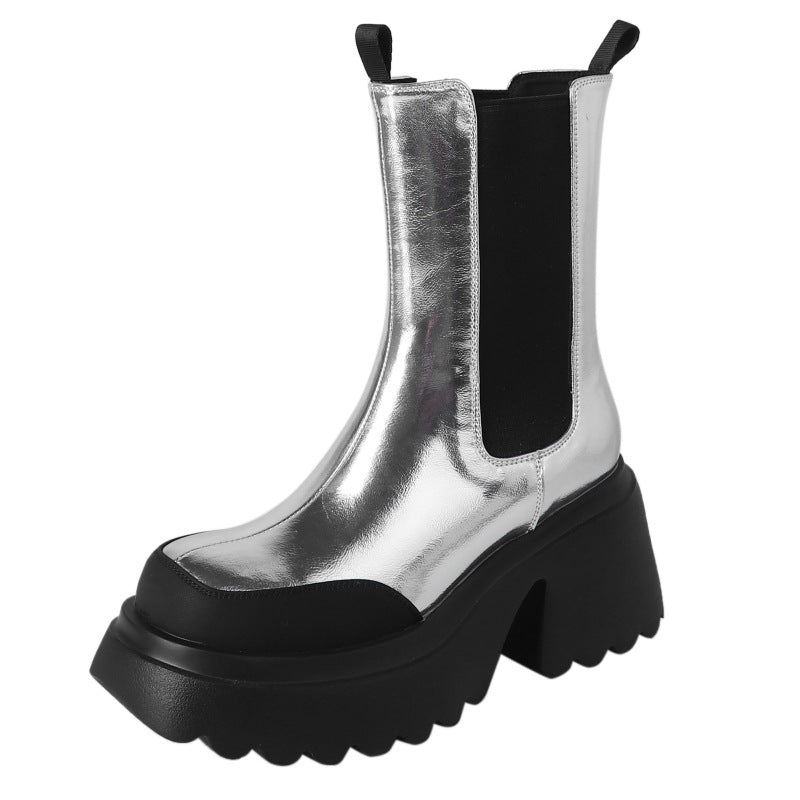 Autumn And Winter Cowhide Silver Platform Martin Boots High Heels Fleece-lined Waterproof Platform Thick Heel Stretch Women