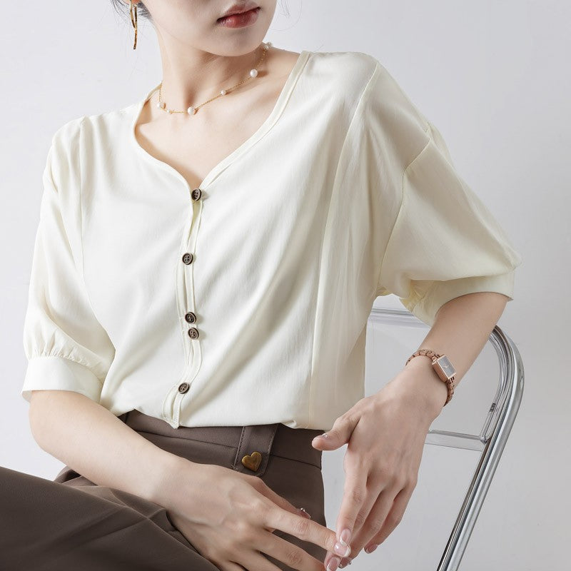 French Lazy Style Top Puff Sleeve Breasted Half Sleeve Round Neck Shirt