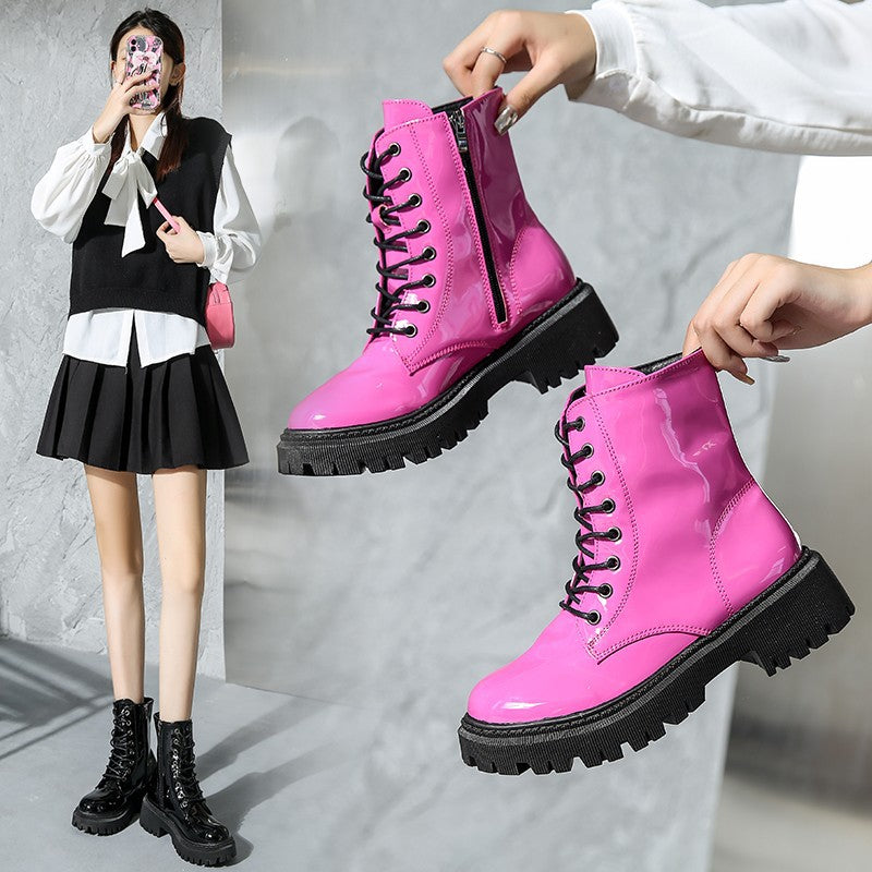 European And American Patent Leather Mid Heel Round Toe Short Motorcycle Boots